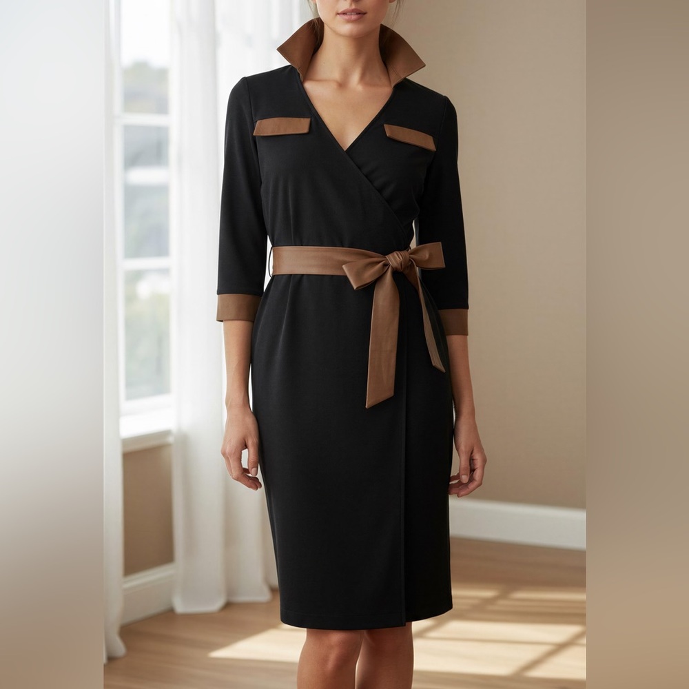 NWT Doncaster black wrap dress with 100% leather accents and belt - 4
